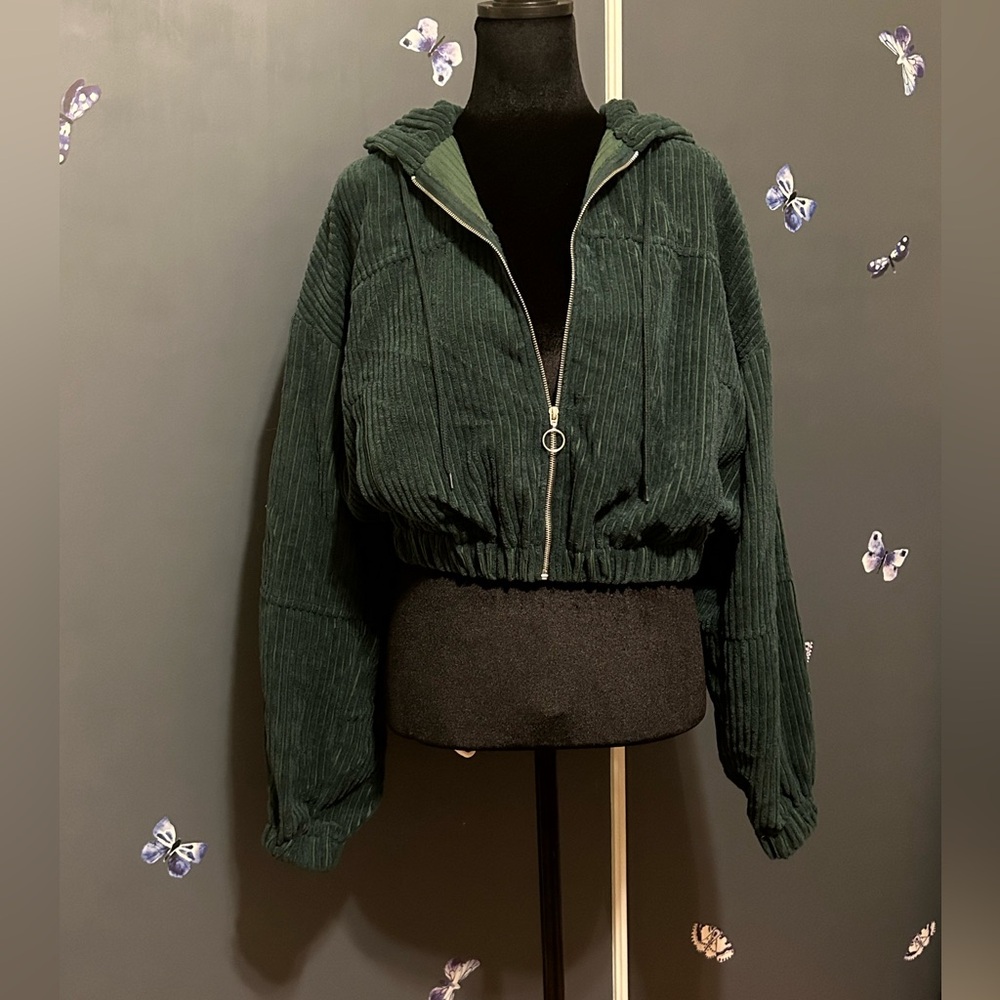 FavLux Relaxed Hooded Crop Corduroy Jacket Large Green